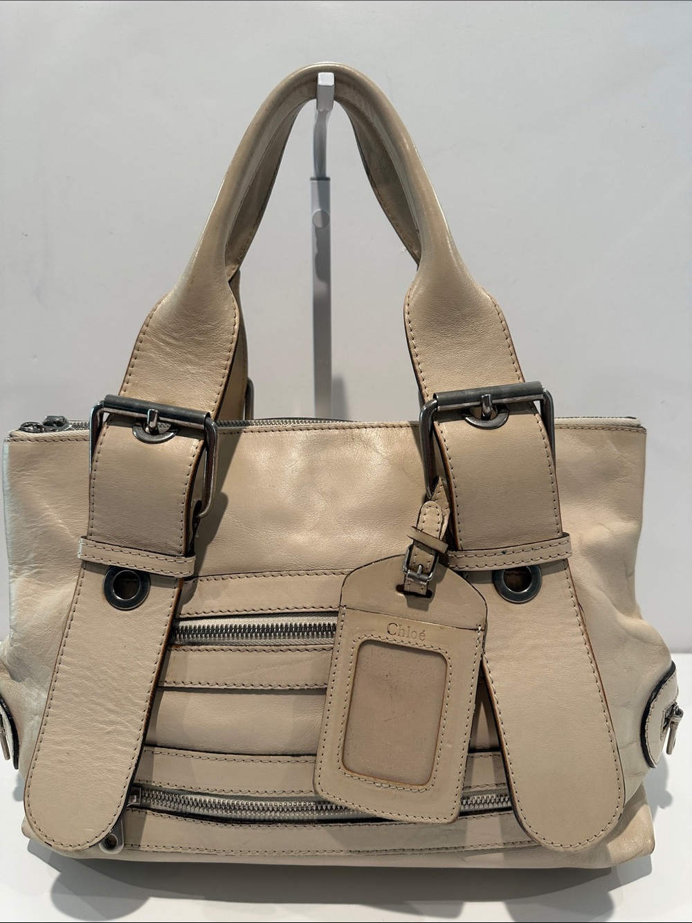 Vintage Chloe Ivory White Giant Buckle Accents with Double Zipper Shoulder Bag.